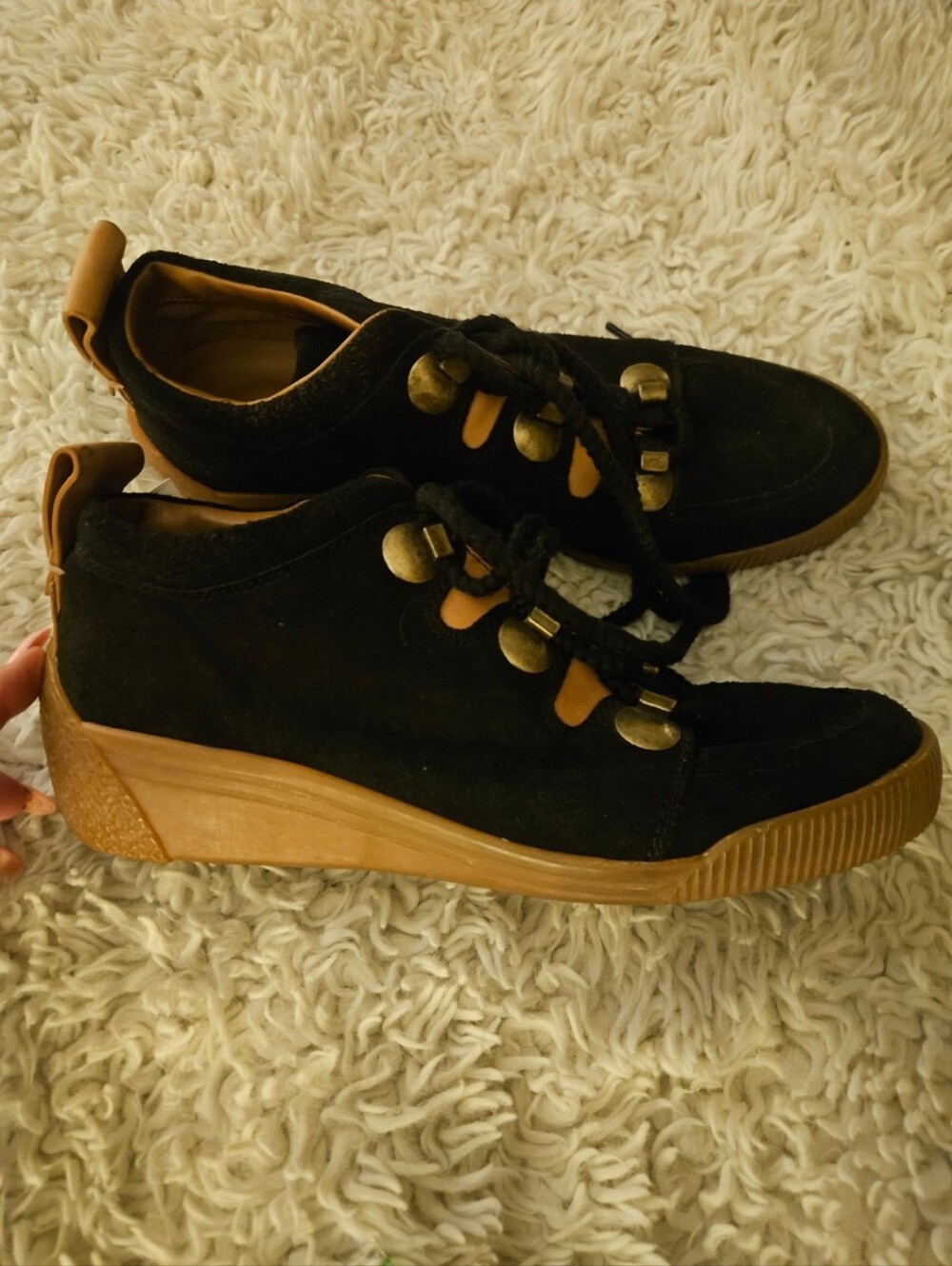 See By Chloe Black Suede Wedge Sneakers with Tan Accents